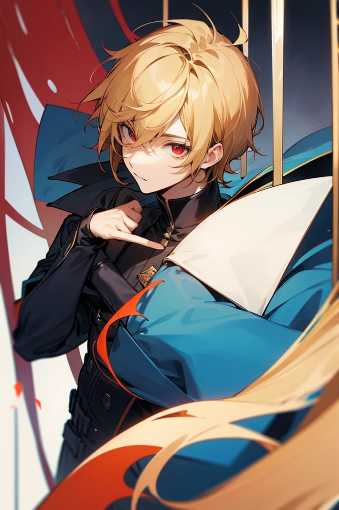 Solo, male, blue coat, red eyes , straight facial, short Length hair, blonde and gradiant black streaks color