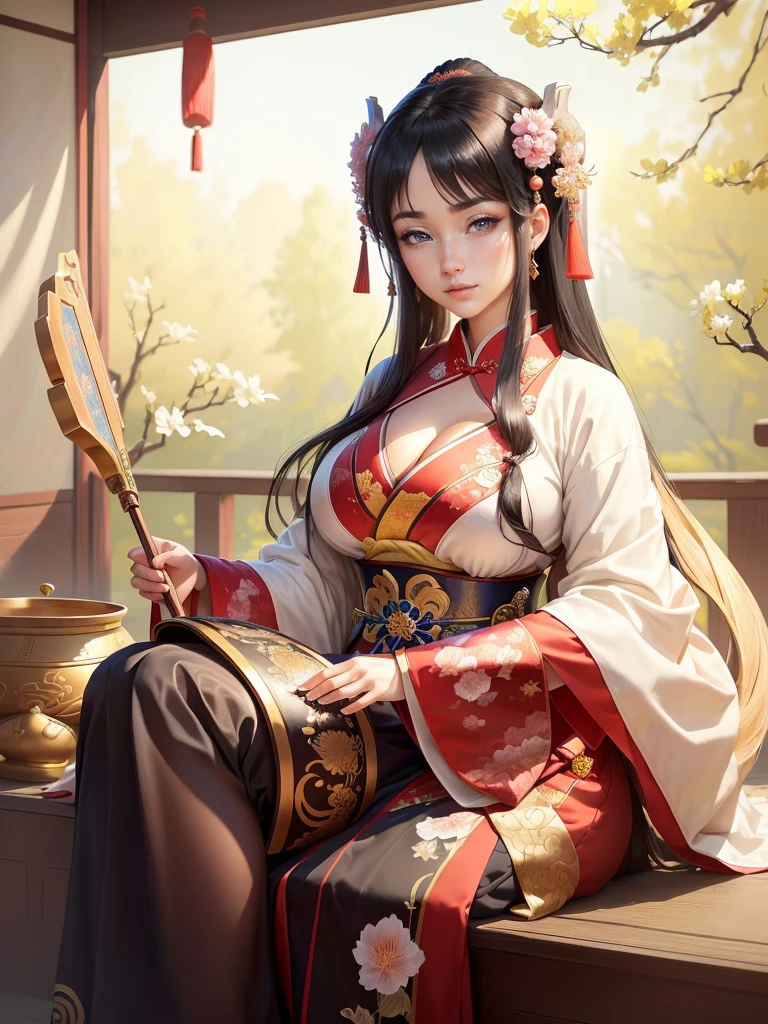 a close up of a woman in a kimono dress playing a musical instrument, ancient chinese princess, ancient chinese beauties, palace ， a girl in hanfu, beautiful character painting, a beautiful fantasy empress, traditional chinese, chinese girl, by Qu Leilei, ancient chinese goddess, inspired by Ju Lian, beautiful render of tang dynasty, beautiful alluring anime woman, beautiful anime woman, beautiful character painting, Highly detailed CG unit 8k wallpaper, masterpiece, High resolution, highest quality, highest quality real texture skin, Super Real, Digital Painting, Best image quality, 最High resolution, 8k, (((Highly detailed eyes and face, Beautiful eyes every detail))), disproportionate breasts, huge breasts, sagging breasts, gigantic breasts, clevage, black hair, grin, 