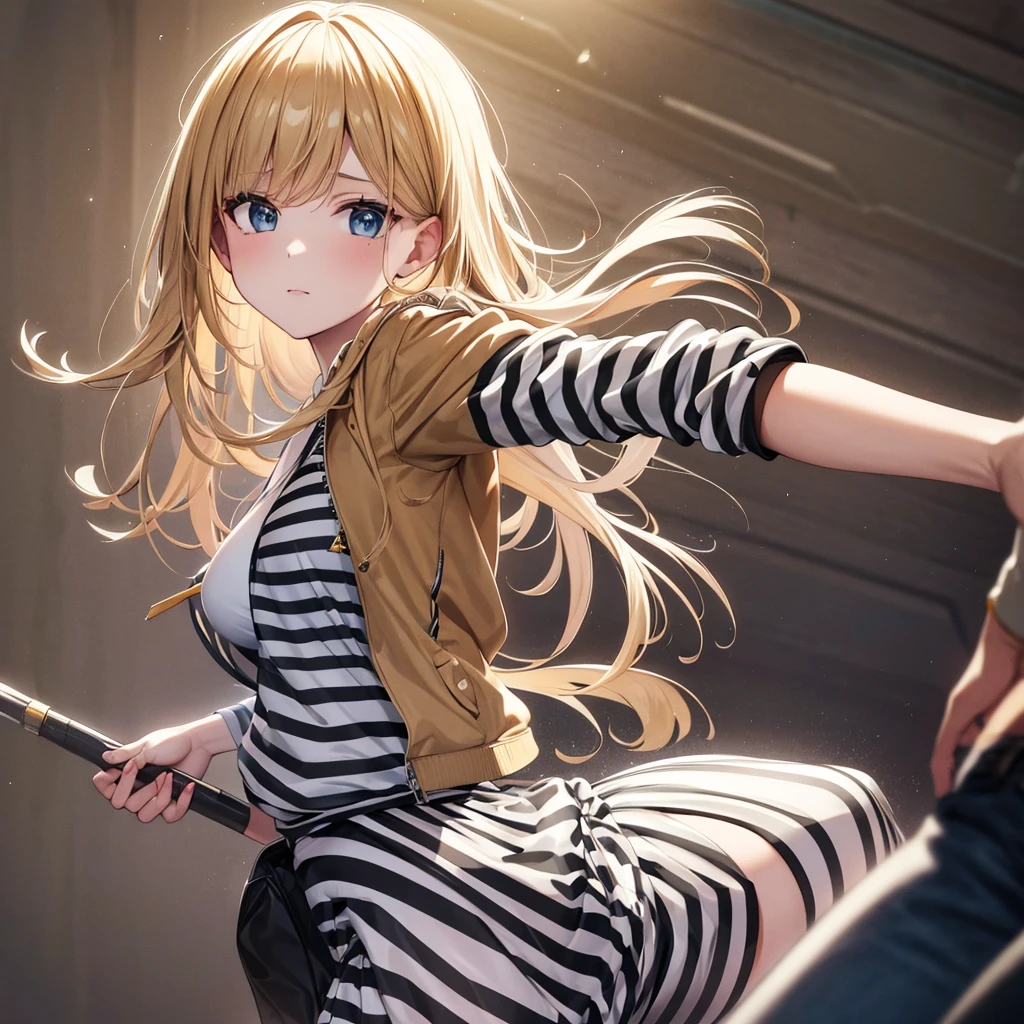 White girl, hair blonde, striped shirt, jeans jacket, Black tight skirt