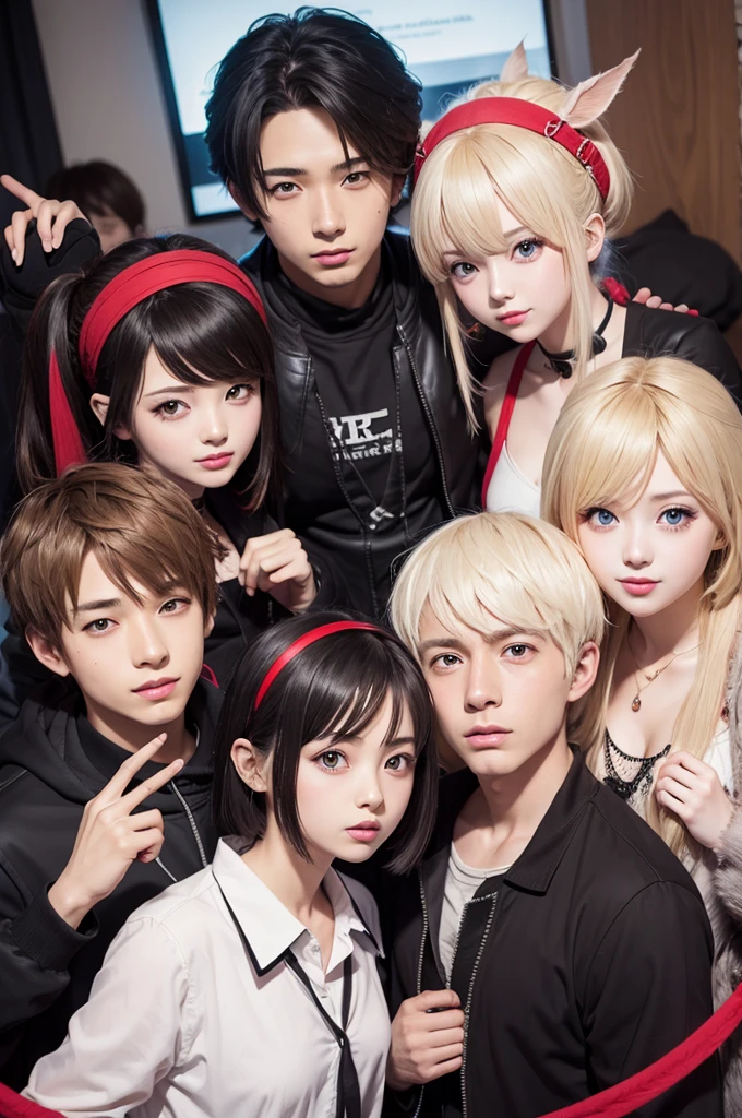 4 anime-style characters on a red background, They all only appear from the waist up, on the far left, a girl with blonde hair and yellow eyes wearing a white dress shirt, to her right, a black girl with straight blonde hair and a pink fringe her shirt is dress and navy blue her right eye is dark blue and the left is white with a burn scar around it that covers the left half of her face, to her right uma  bronzeada de cabelos e olhos vermelhos com uma camisa social branca e por ultimo to her right um menino moreno com cabelos longos cianos o olho direito é azul e o esquerdo é amarelo ele tambem usa uma regata azul, they all look scared, behind them there is a black shadow of a monster