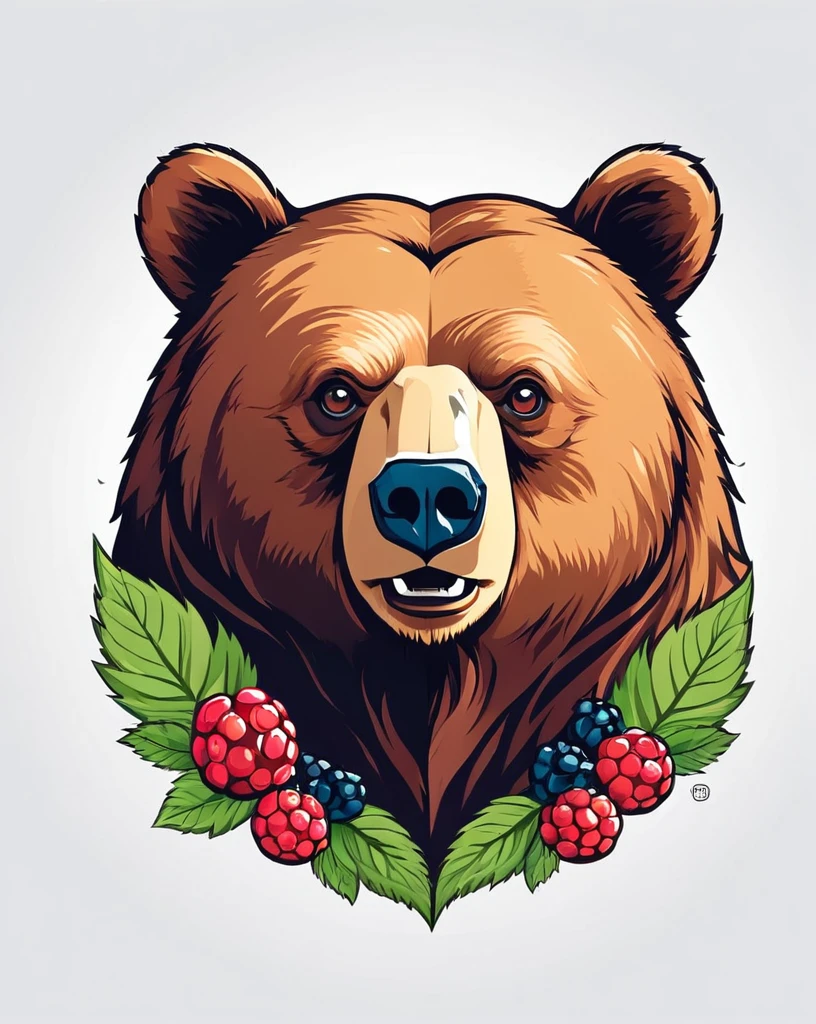 Bear head and wild berries advertising poster style, t shirt design, flat-colors, vector,  ((white backdrop)) . proffesional, moderno, Product focus, Commercial, appealing, highy detailed