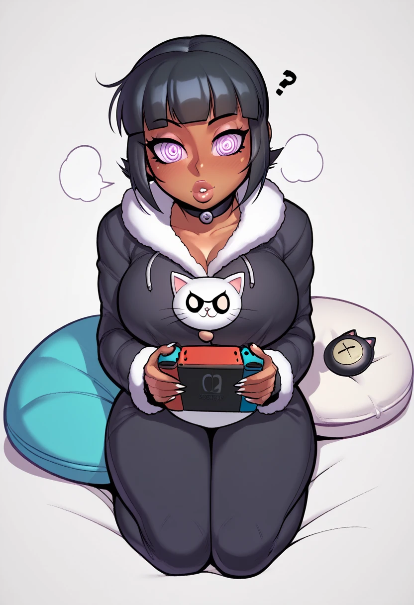 A cartoon image of an adult woman with black hair and dark skin, with thick lips and long eyelashes. She is sitting in a sensual and provocative pose on a large cushion, arched back. The character is a brunette girl dressed as a black cat., with black hair and purple highlights, a blunt bangs and big breasts, wearing tight, revealing clothes. The art is in cel shaded anime style,[she is sitting playing on a Nintendo switch]with a simple white background and very high details. She wears white gloves and has purple spiral eyes.. The image has a Kantai collection style and moe art, with covered breasts and is safe for work (SFW). The details are extremely high and the image is a detailed fanart, high resolution (4K), with meticulous attention to anatomical details. The atmosphere is light and innocent, with careful representation of suggestive and sexual elements. The image includes a woman [ dark skin color]in a bikini with cat ears, with black hair and purple highlights, designed by popular and high quality artists, like Artgerm and Shitao.