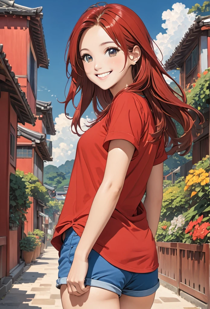 girl, red hair, brown eyes, long hair, red shirt, short blue shorts, medium chest, smile 