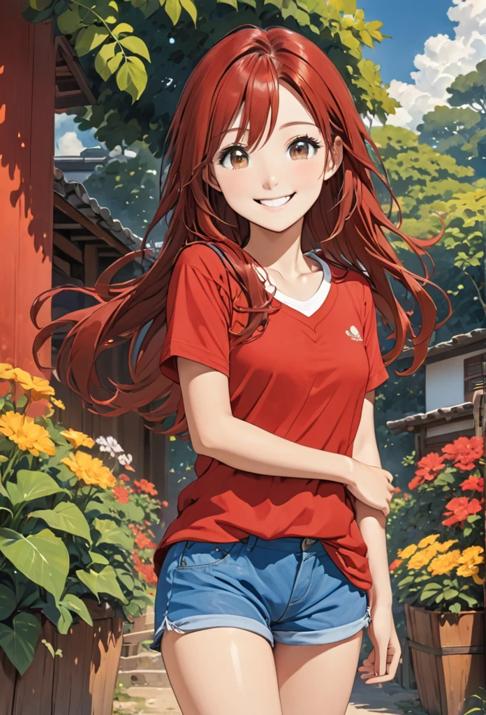 girl, red hair, brown eyes, long hair, red shirt, short blue shorts, medium chest, smile