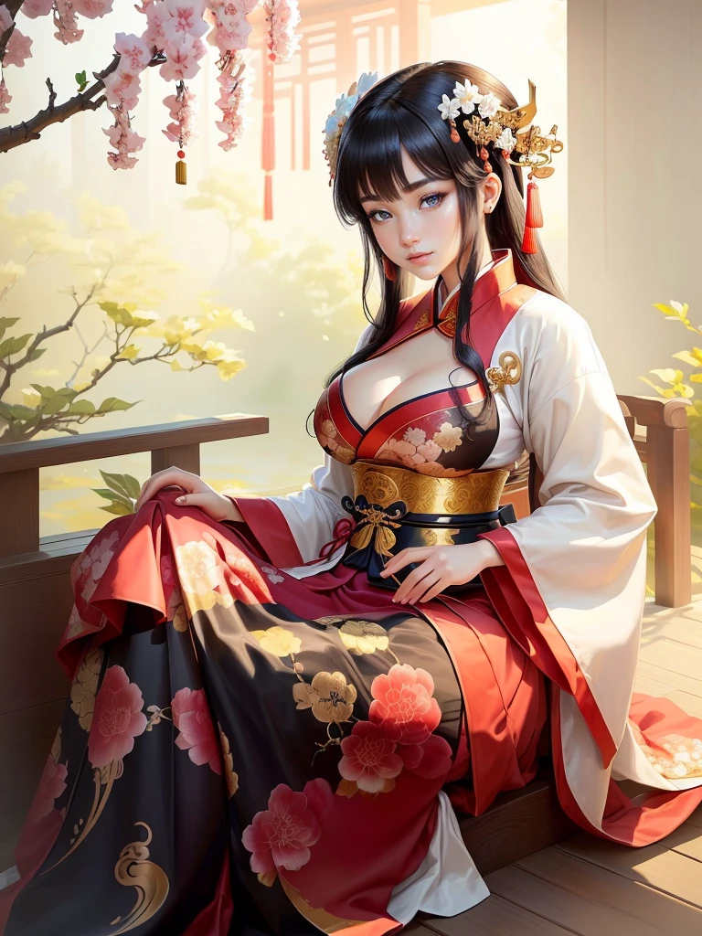 a close up of a woman in a kimono dress playing a musical instrument, ancient chinese princess, ancient chinese beauties, palace , a girl in hanfu, beautiful character painting, a beautiful fantasy empress, traditional chinese, chinese girl, by Qu Leilei, ancient chinese goddess, inspired by Ju Lian, beautiful render of tang dynasty, beautiful alluring anime woman, beautiful anime woman, beautiful character painting, Highly detailed CG unit 8k wallpaper, masterpiece, High resolution, highest quality, highest quality real texture skin, Super Real, Digital Painting, Best image quality, 最High resolution, 8k, (((Highly detailed eyes and face, Beautiful eyes every detail))), disproportionate breasts, huge breasts, sagging breasts, gigantic breasts, clevage, black hair, grin,