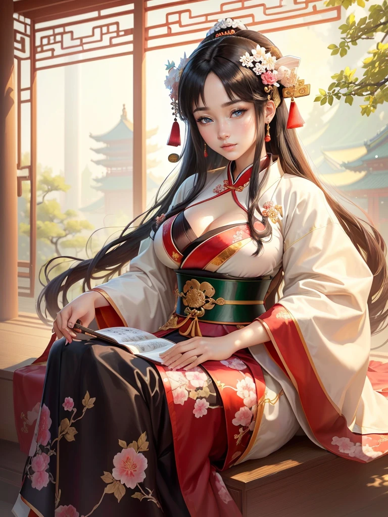 a close up of a woman in a kimono dress playing a musical instrument, ancient chinese princess, ancient chinese beauties, palace , a girl in hanfu, beautiful character painting, a beautiful fantasy empress, traditional chinese, chinese girl, by Qu Leilei, ancient chinese goddess, inspired by Ju Lian, beautiful render of tang dynasty, beautiful alluring anime woman, beautiful anime woman, beautiful character painting, Highly detailed CG unit 8k wallpaper, masterpiece, High resolution, highest quality, highest quality real texture skin, Super Real, Digital Painting, Best image quality, 最High resolution, 8k, (((Highly detailed eyes and face, Beautiful eyes every detail))), disproportionate breasts, huge breasts, sagging breasts, gigantic breasts, clevage, black hair, grin,