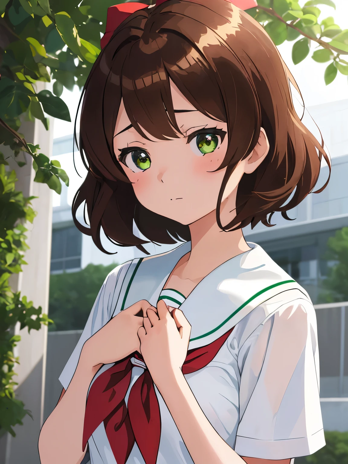 Highest quality, masterpiece, expensiveres, alone, {Kawashima_sapphire_Sound Euphonium:1.15}, short_hair, brown_hair, red面, bow, hair_bow, Seraphim, green_eye, green_bow, Ahoge, polka_Dot, brown_eye, brown_shirt, others_expensive_School_uniform, multiple_girl, neckerchief, polka_Dot_bow, Sailor_collar, School_uniform, alone_concentrated, 2girl, Closed_mouth, red_neckerchief, white_Sailor_collar, Outdoor, (Perfect hands, Perfect Anatomy),