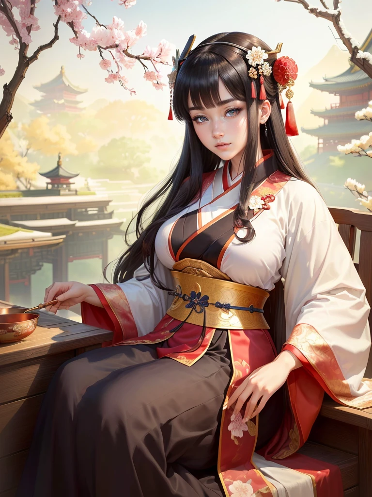 a close up of a woman in a kimono dress playing a musical instrument, ancient chinese princess, ancient chinese beauties, palace , a girl in hanfu, beautiful character painting, a beautiful fantasy empress, traditional chinese, chinese girl, by Qu Leilei, ancient chinese goddess, inspired by Ju Lian, beautiful render of tang dynasty, beautiful alluring anime woman, beautiful anime woman, beautiful character painting, Highly detailed CG unit 8k wallpaper, masterpiece, High resolution, highest quality, highest quality real texture skin, Super Real, Digital Painting, Best image quality, 最High resolution, 8k, (((Highly detailed eyes and face, Beautiful eyes every detail))), disproportionate breasts, huge breasts, sagging breasts, gigantic breasts, clevage, black hair, grin,
