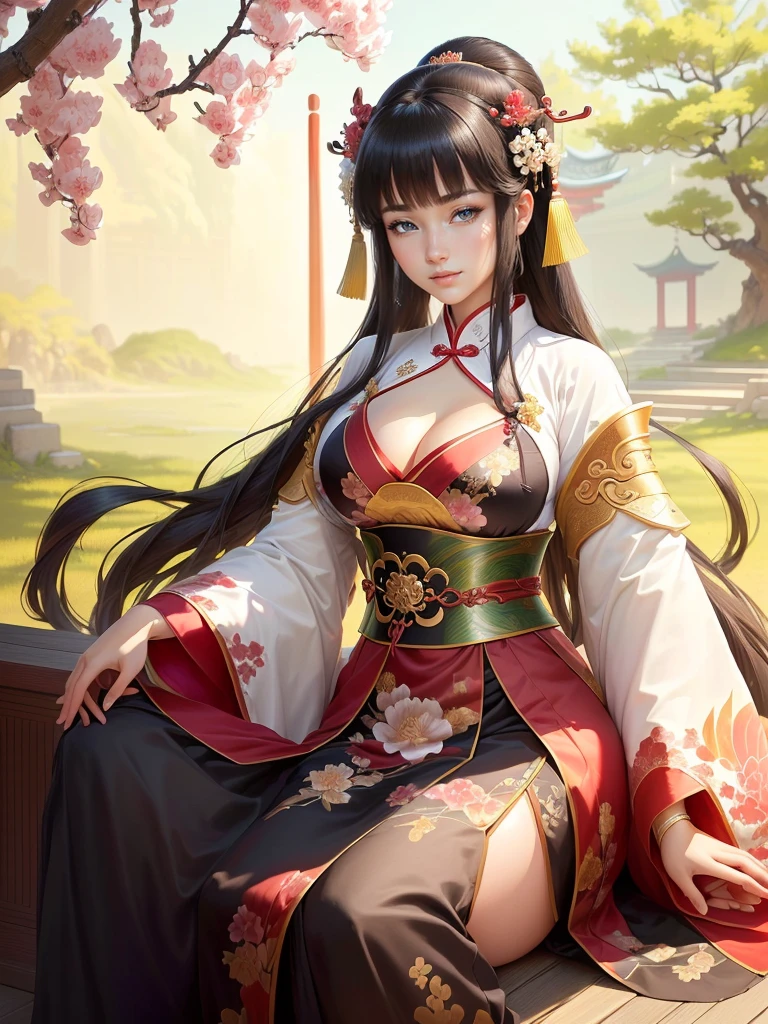 a close up of a woman in a kimono dress playing a musical instrument, ancient chinese princess, ancient chinese beauties, palace ， a girl in hanfu, beautiful character painting, a beautiful fantasy empress, traditional chinese, chinese girl, by Qu Leilei, ancient chinese goddess, inspired by Ju Lian, beautiful render of tang dynasty, beautiful alluring anime woman, beautiful anime woman, beautiful character painting, Highly detailed CG unit 8k wallpaper, masterpiece, High resolution, highest quality, highest quality real texture skin, Super Real, Digital Painting, Best image quality, 最High resolution, 8k, (((Highly detailed eyes and face, Beautiful eyes every detail))), disproportionate , huge breastsng breasts, giganasts, clevage, bla, grin, 