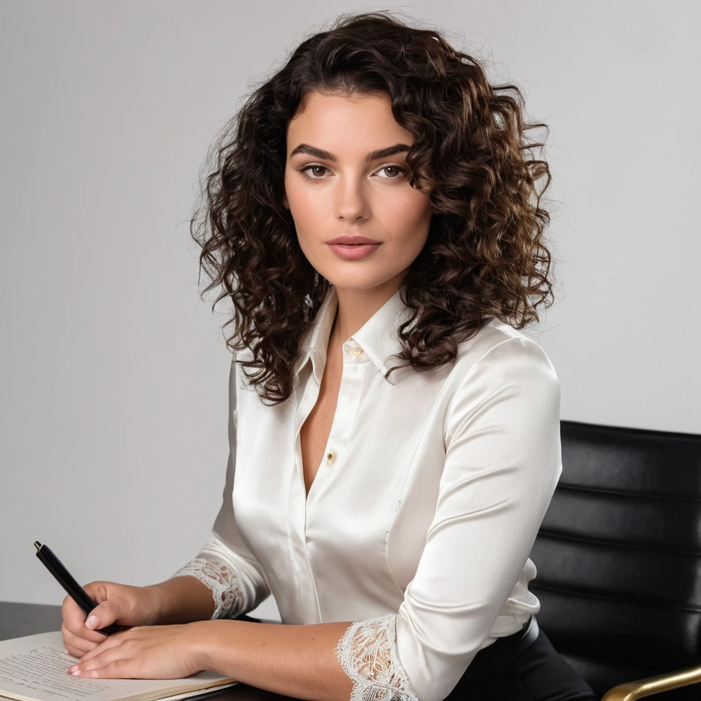Beautiful Brazilian, (((round face shape with soft features, prominent cheekbones, delicate jawline, slightly rounded chin, medium forehead with natural wavy hairline))), (((black hair, ((short)) ((curly)) with volume))), natural and full eyebrows. (((Professional pose, standing, holding a black leather document folder with gold details, serene and confident expression, looking directly at the camera))). (((Medium shot, showing the character from the waist up, minimalist white background in a photo studio with an Eames chair in the background and a glass table with a chrome base))). Highly detailed, 25 years old, (((large and expressive eyes in dark brown color and tone))). (((Wide nose at the base, bridge gently curved, rounded nostrils in harmony with the face))). Full and well-defined lips, with natural volume, dark pink tone. High resolution, artwork. Realistic Fitzpatrick V skin tone, with a natural golden tan, some soft freckles on the cheeks and nose. Curvy and athletic body, typical of Brazilian women. ((Wearing an elegant and modern black suit, tailored fit, a white silk blouse with lace details on the cuffs)). Excellent quality, extremely detailed, sharp focus, ((shot with Nikon Z7 II, NIKKOR Z 85mm f/1.8 S lens)), Proportional body, photorealism, photography (film grain) (((Studio lighting with soft and uniform light, creating a clean and professional effect))) in the foreground