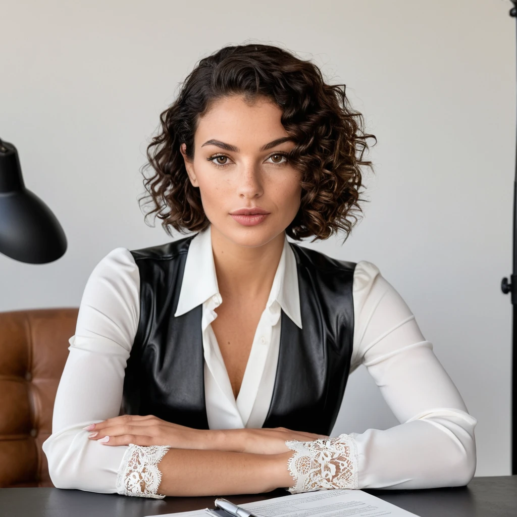 beautiful brazilian, (((round face shape with soft features, prominent cheekbones, delicate jaw, slightly rounded chin, medium forehead with natural, wavy hairline))), (((black hair color, ((小柄)) ((curlies)) with volume))), natural, full eyebrows. (((relaxed pose, sitting on a high stool, cross legs, A slight smile, side look))). (((Wide medium shot, showing the character from the thigh up, gray textured background in photo studio))). highy detailed, age 25, (((large, expressive eyes in dark brown color and tone))). (((Long nose at base, gently curved bridge, rounded nostrils in harmony with the face))). plump, well-defined lips, with volume natural, dark pink tone. high resolution, work of art. Pele realista Fitzpatrick V, with a natural golden tan, some soft freckles on the cheeks and nose. curvy and athletic body, typical of Brazilian women. ((Wearing an elegant silk blouse and a pencil skirt)). Excellent quality, extremely detaild, sharp focus, ((shooting with Canon EOS R5, lente RF 50mm f/1.2L USM)), Proportionate Body, fotorrealism, fot (film grain) (((Studio lighting with soft light, creating light shadows and a cozy atmosphere))) Em primeiro plano
