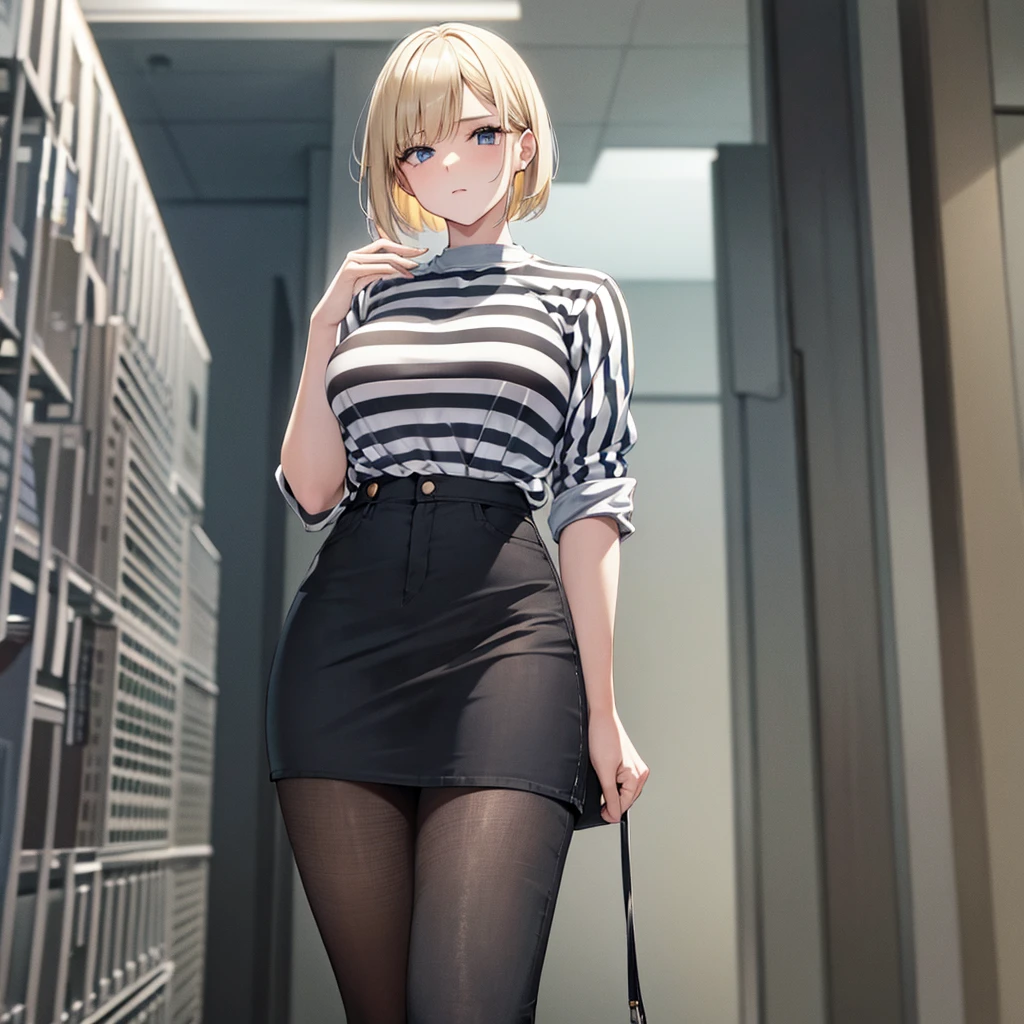 White girl, straight short blonde hair, striped shirt, jeans jacket, Black tight skirt