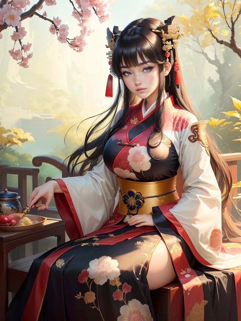 a close up of a woman in a kimono dress playing a musical instrument, ancient chinese princess, ancient chinese beauties, palace , a girl in hanfu, beautiful character painting, a beautiful fantasy empress, traditional chinese, chinese girl, by Qu Leilei, ancient chinese goddess, inspired by Ju Lian, beautiful render of tang dynasty, beautiful alluring anime woman, beautiful anime woman, beautiful character painting, Highly detailed CG unit 8k wallpaper, masterpiece, High resolution, highest quality, highest quality real texture skin, Super Real, Digital Painting, Best image quality, 最High resolution, 8k, (((Highly detailed eyes and face, Beautiful eyes every detail))), disproportionate breasts, huge breasts, sagging breasts, gigantic breasts, clevage, black hair, grin,