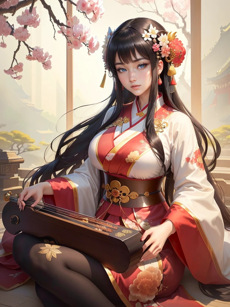 a close up of a woman in a kimono dress playing a musical instrument, ancient chinese princess, ancient chinese beauties, palace , a girl in hanfu, beautiful character painting, a beautiful fantasy empress, traditional chinese, chinese girl, by Qu Leilei, ancient chinese goddess, inspired by Ju Lian, beautiful render of tang dynasty, beautiful alluring anime woman, beautiful anime woman, beautiful character painting, Highly detailed CG unit 8k wallpaper, masterpiece, High resolution, highest quality, highest quality real texture skin, Super Real, Digital Painting, Best image quality, 最High resolution, 8k, (((Highly detailed eyes and face, Beautiful eyes every detail))), disproportionate breasts, huge breasts, sagging breasts, gigantic breasts, clevage, black hair, grin,