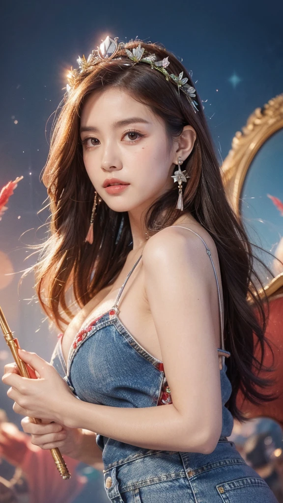 Best quality, masterpiece, super detailed high resolution, (realistic: 1.4), watercolor style, illustration, dazzling background color,, 1 Girl Holding Weapon, (Solo Exhibition: 1.2), (Denim Lens: 1.2), (Hair Crown: 1.2), Chinese , naked , big breast,(Red Eyeliner: 1.2), (: 1.4), Earrings, Dynamic Angle, Opera House, messy_long_hair, Ink, Movie Lights, lens_flare, Velvet, Chrysanthemum, Tassels, Ribbons, Color Embroidery,