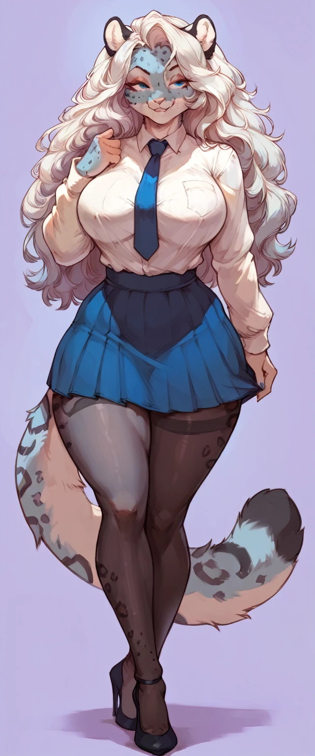(solo) female anthro snow leopard, long fluffy hair, snow leopard, (big breasts:1.5), attractive, white shirt, blue tie, blue plead skirt, pantyhose, black pantyhose , fit body, snow leopard tail,, thicc, freckles, freckles on face, smug eyes, (happy expression), she is standing look to the viewer , violet background, simple background, thick thighs (front view) high heels