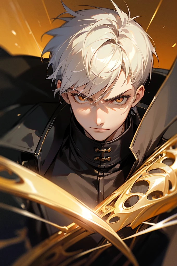 High quality, handsome male, 1male, , teenager, golden lining, short white hair, flat cut hair, sharp eyes, gold eyes, devil may cry, close up, calm expression, stoic, black leather clothes, black jacket, upper body, looking at viewer, cowboy shot, black dragon background