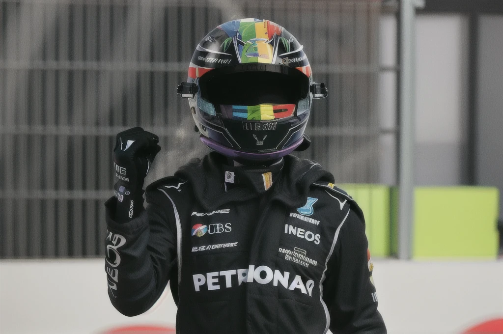 racing driver wearing helmet, black jumpsuit