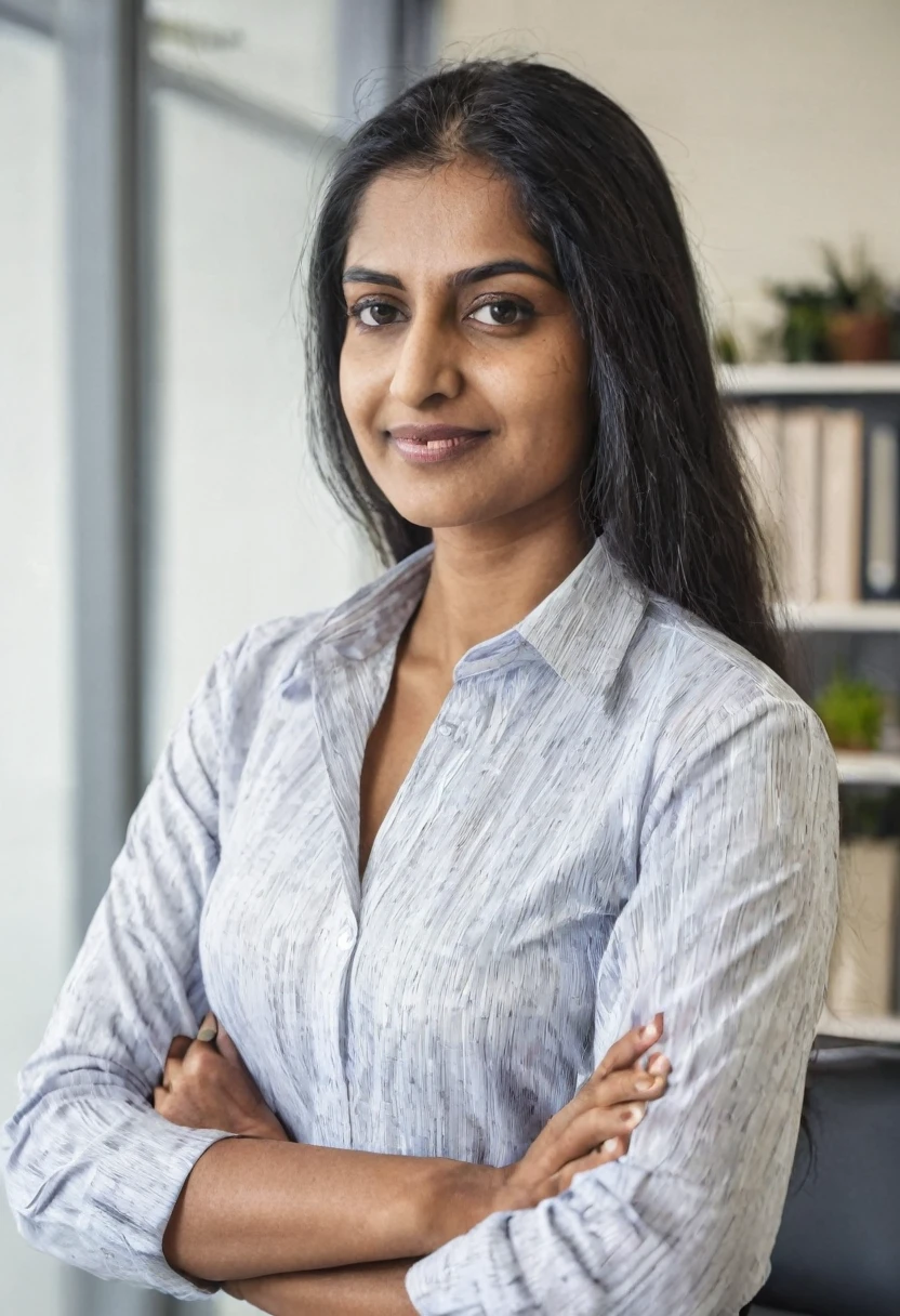 Indian woman in shirt in office portrait