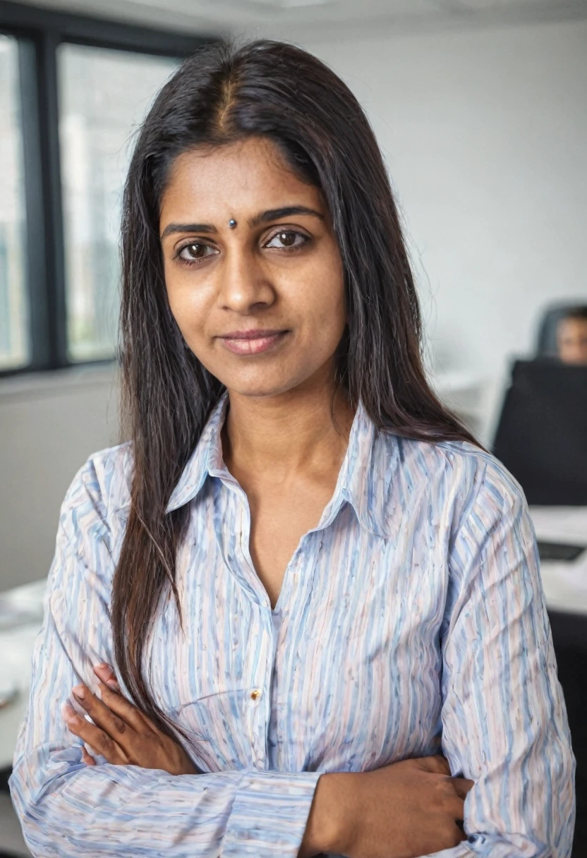 Indian woman in shirt in office portrait 