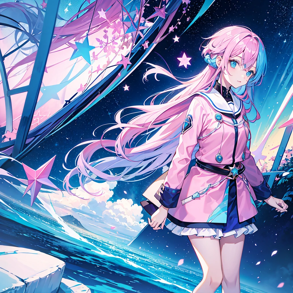 a girl with long blue and pink hair , and blue eyes with stars as pupils, a reference to oshinoko's eyes. ,accompanied by a purple fox