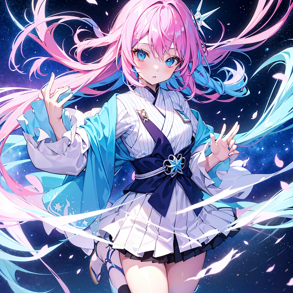 a girl with long blue and pink hair , and blue eyes with stars as pupils, a reference to oshinoko&#39;s eyes. ,accompanied by a purple fox 