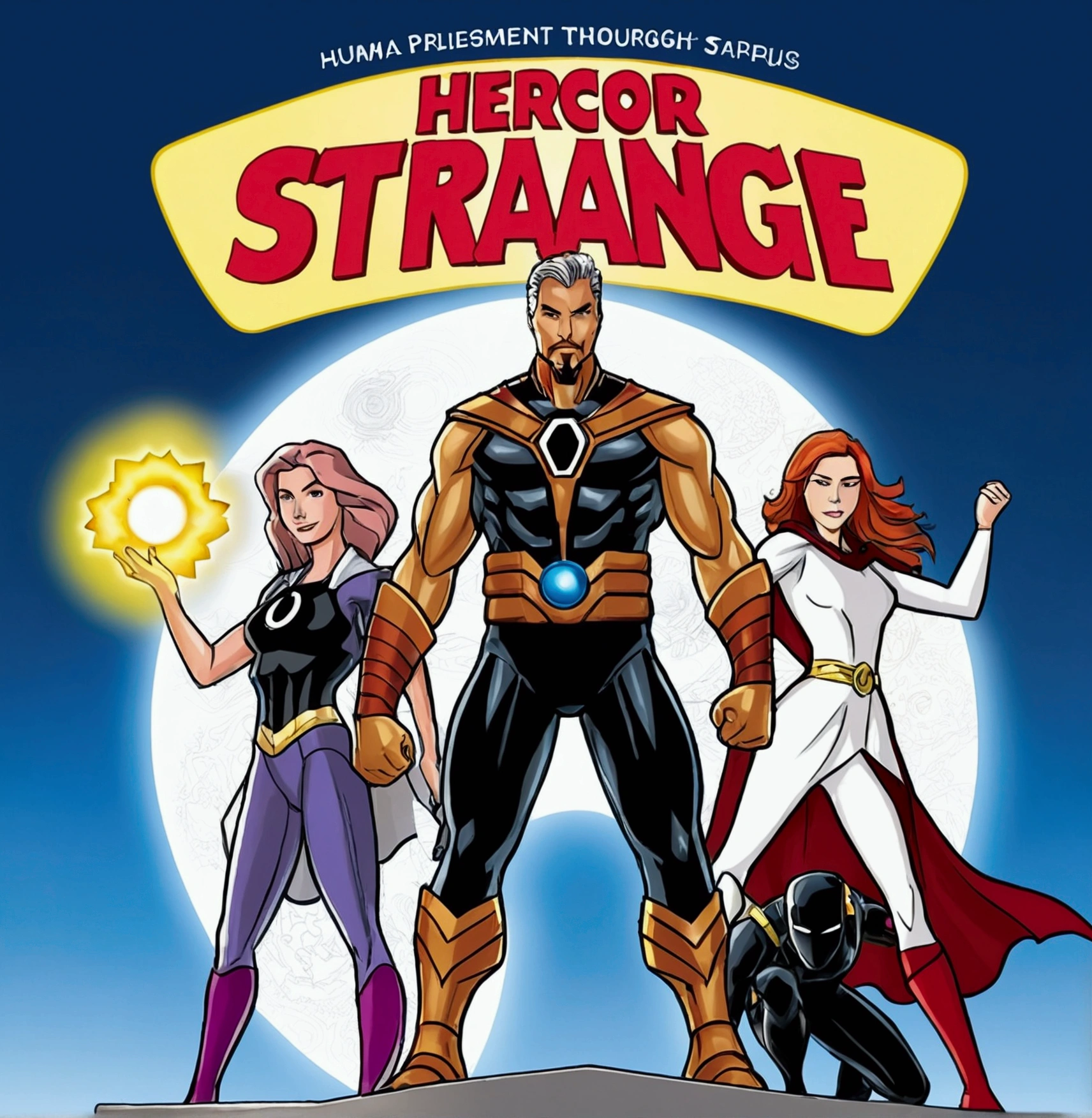 Create an abstract, eye-catching book cover for "Heroes in Action: Human Development Through Comic Book Characters." The cover should evoke a sense of action and human growth through abstract and artistic elements. Use a vibrant, contrasting color palette, including blue, red, green, gold, purple, and white. The style should be abstract, with geometric shapes, lines of energy, sparkles and lights. The background should be dynamic, using color gradients, lights and shadows to create depth and movement. The title "Heroes in Action" must be in a large, striking and modern font, centered on the cover. The subtitle "Human Development Through Comic Characters" must be just below the main title, in a complementary and legible font. Include the author's name at the bottom of the cover. Use abstract symbols that represent the characters' powers and abilities, such as energy lines for Doctor Strange or telepathic patterns for Professor X.