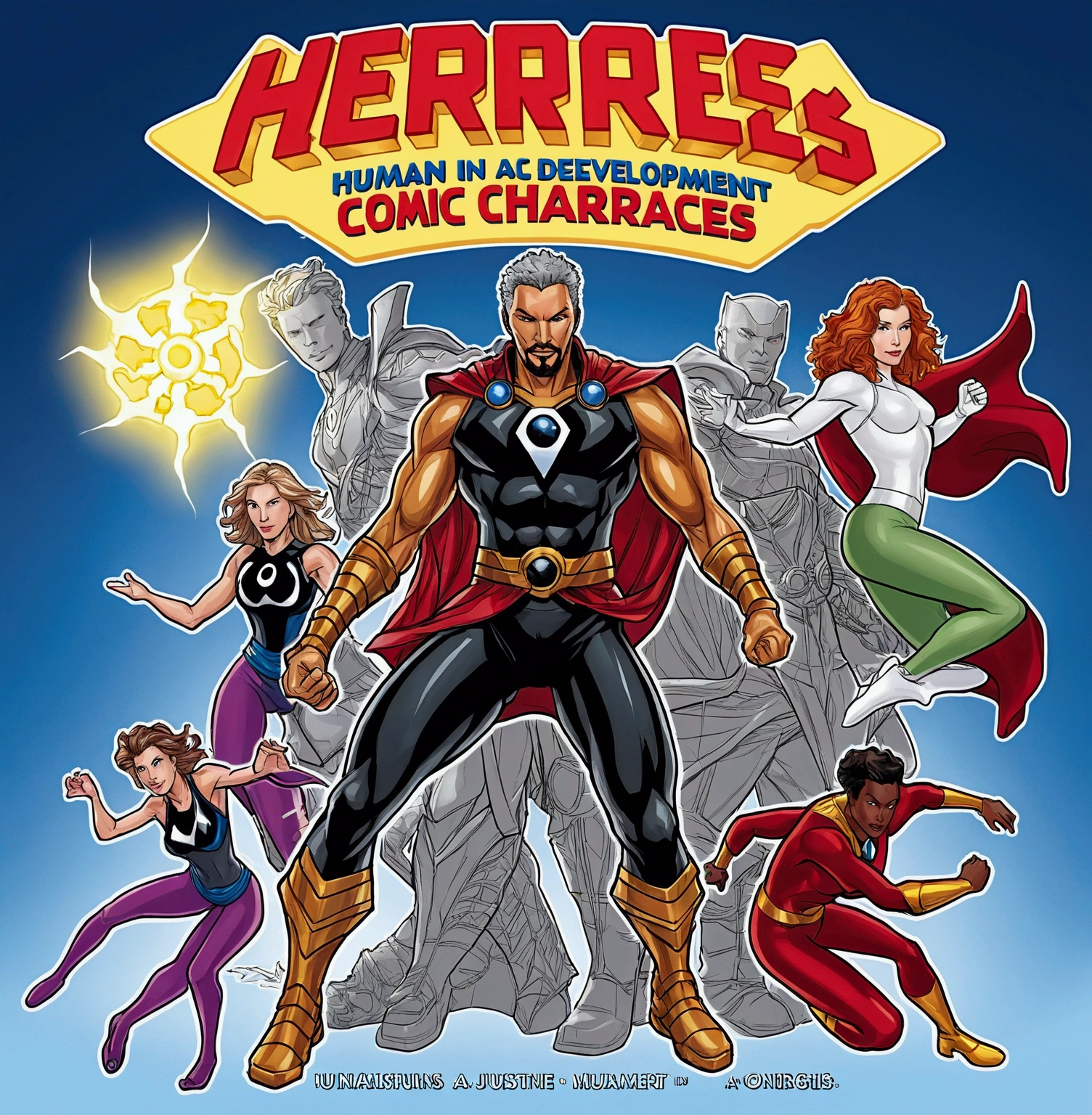 Create an abstract, eye-catching book cover for "Heroes in Action: Human Development Through Comic Book Characters." The cover should evoke a sense of action and human growth through abstract and artistic elements. Use a vibrant, contrasting color palette, including blue, red, green, gold, purple, and white. The style should be abstract, with geometric shapes, lines of energy, sparkles and lights. The background should be dynamic, using color gradients, lights and shadows to create depth and movement. The title "Heroes in Action" must be in a large, striking and modern font, centered on the cover. The subtitle "Human Development Through Comic Characters" must be just below the main title, in a complementary and legible font. Include the author's name at the bottom of the cover. Use abstract symbols that represent the characters' powers and abilities, such as energy lines for Doctor Strange or telepathic patterns for Professor X.