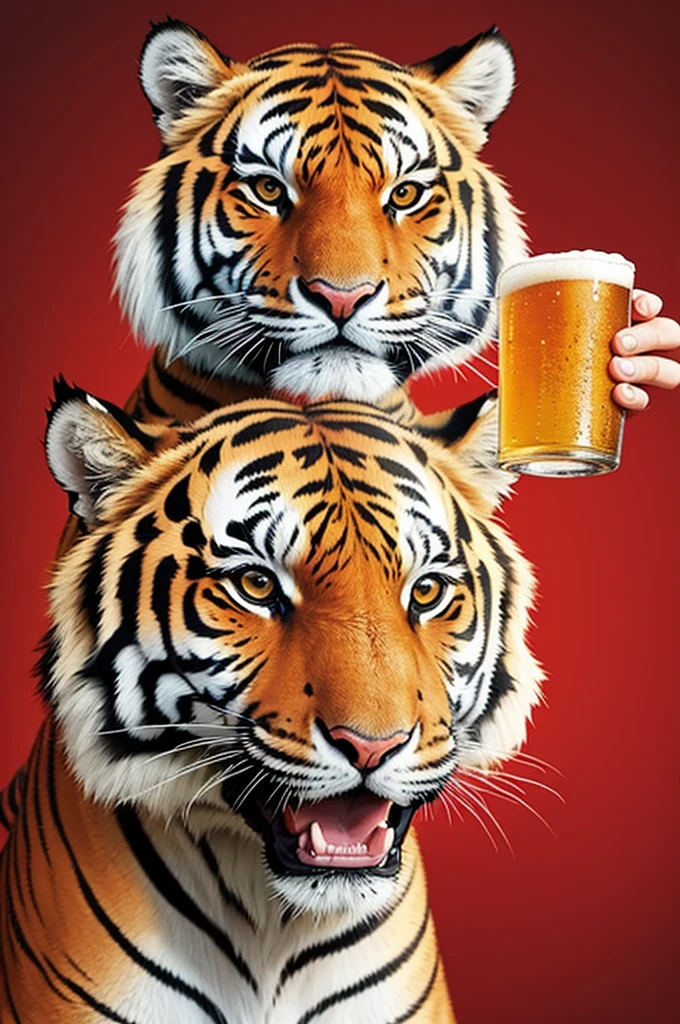 generate cartoon image of tiger drinking beer on red background 