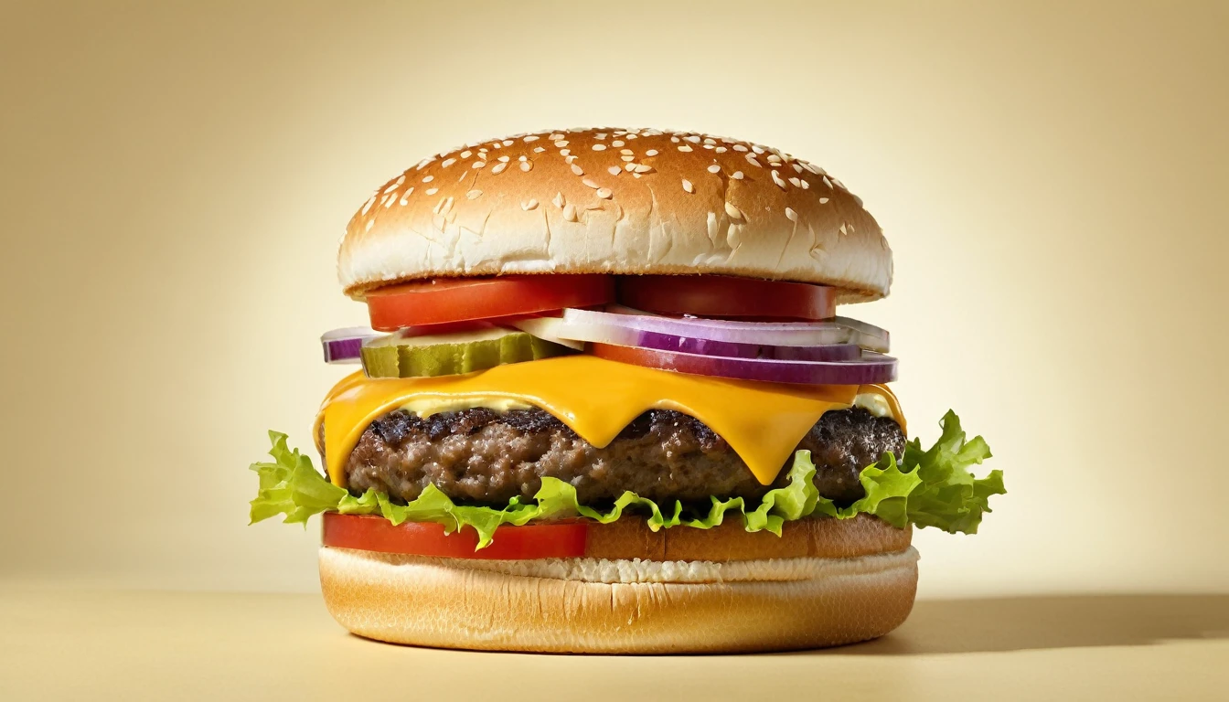 a picture of a cheeseburger, elegant cream color background like in a commercial, everything in focus

