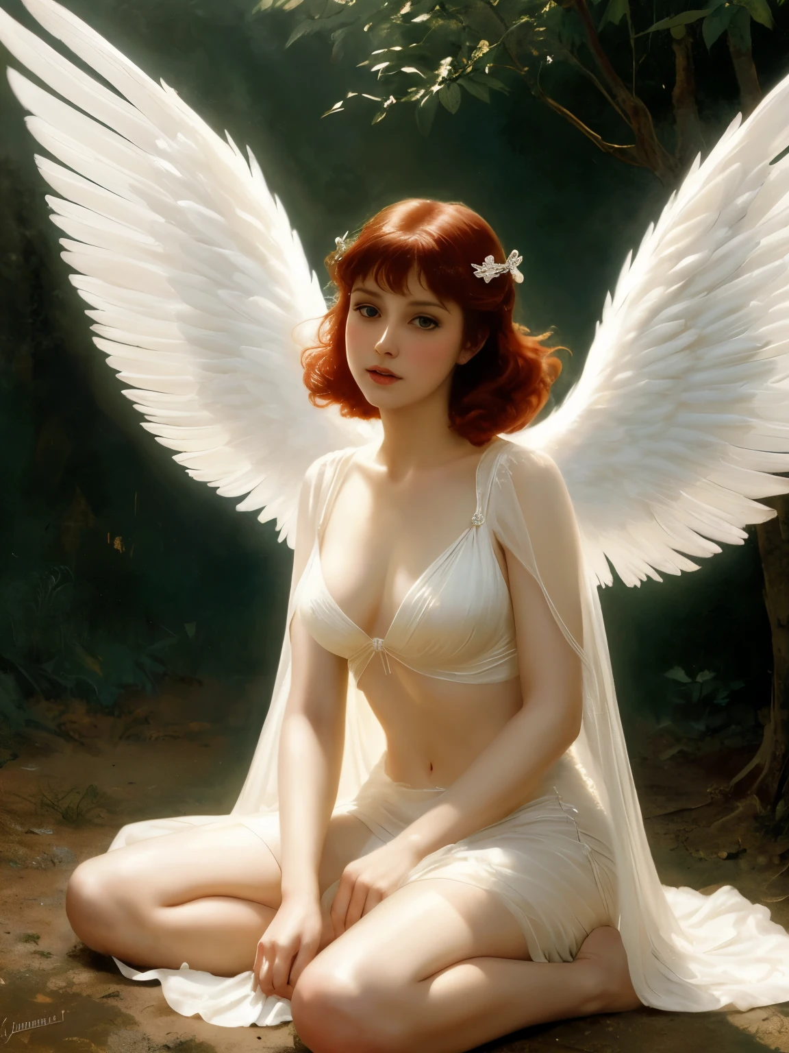 angel, sitting on the ground, wings folded around her body, covering her body with sheer white silk, red close-cropped hair, pale skin, fantasy art, concept art, high quality, 8k, delicate features, feminine, (style of howard chandler christy:1.0), (art by jean-joseph benjamin-constant:1.0)