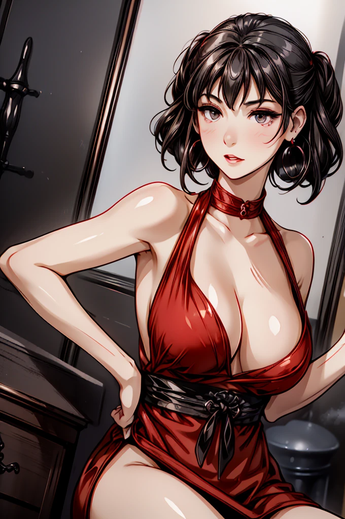 (8K HDR photorealistic pic), Betty Boop, short, althetic, curvy lady, ((tight little red dress)), dark eyebrows, black lipstick, (hoop earrings), dark eyeshadow, black lipstick, curvy, busty, (curly short black hair), shortstack, (retroussé breasts), darling figure, (supple pouting breasts), firm thighs, hourglass figure, kerchief, big brown eyes, dancing seductively