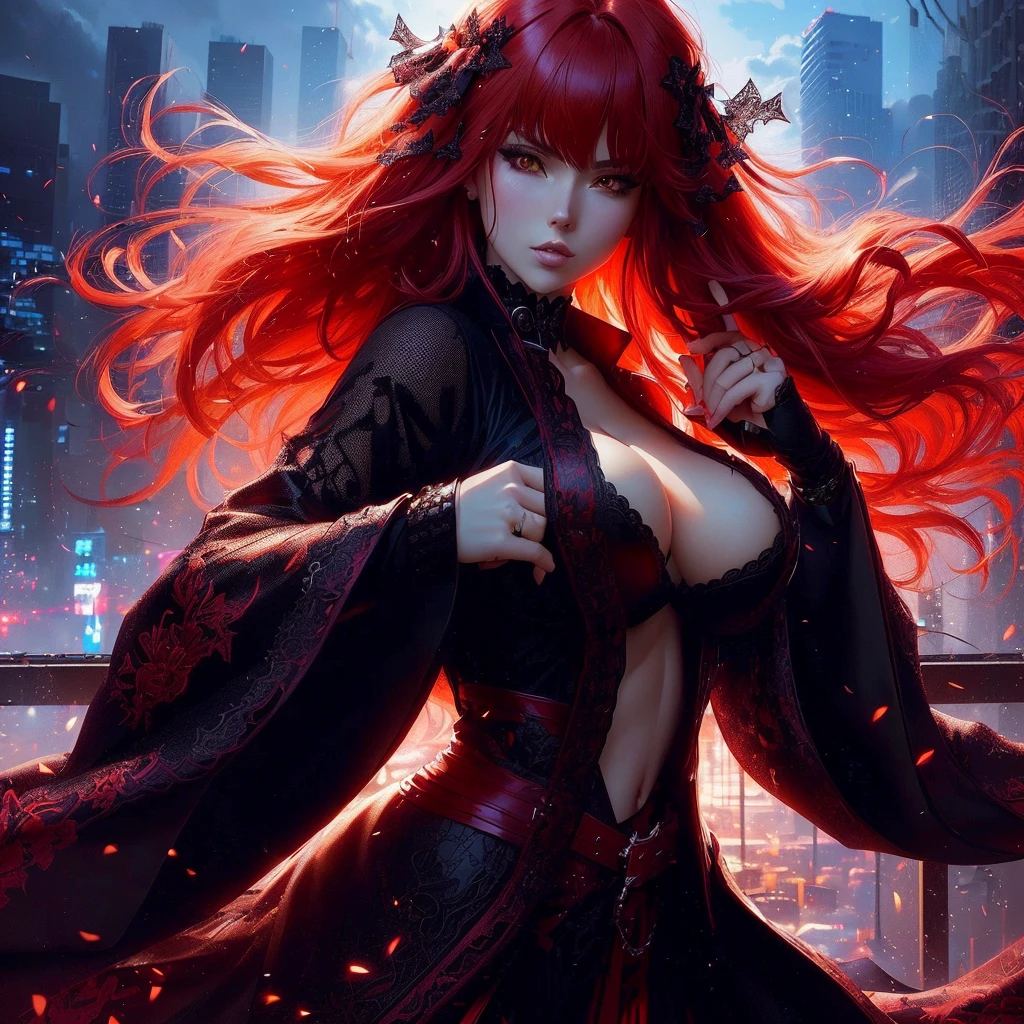 a woman with red hair and a black outfit is standing in front of a city, badass anime 8 k, anime style 4 k, seductive dark fantasy, anime rt, anime fantasy artwork, 4k fantasy art, dark fantasy art, digital anime art, alena aenami and artgerm, 2. 5 d cgi anime fantasy artwork, large breasts, black lace bra