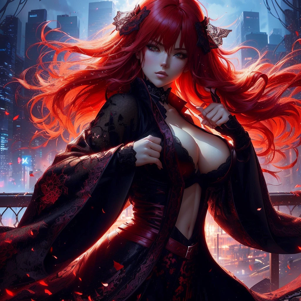 a woman with red hair and a black outfit is standing in front of a city, badass anime 8 k, anime style 4 k, seductive dark fantasy, anime rt, anime fantasy artwork, 4k fantasy art, dark fantasy art, digital anime art, alena aenami and artgerm, 2. 5 d cgi anime fantasy artwork, large breasts, black lace bra