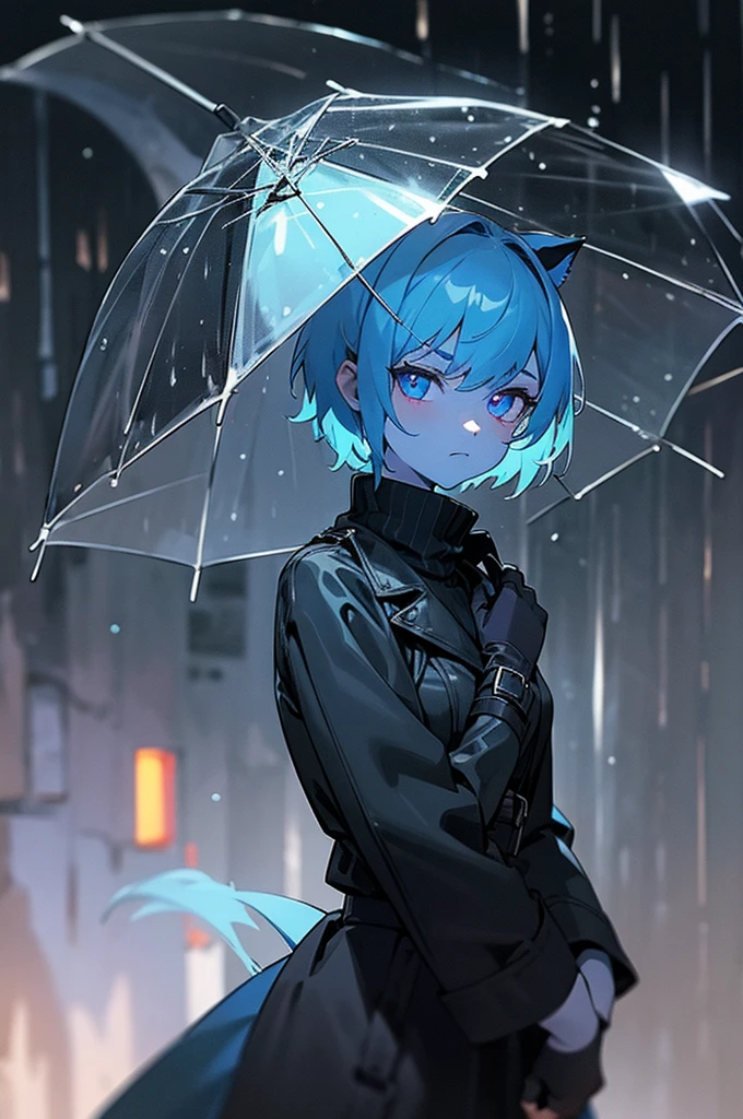 ((1girl, solo)), (blue skin), colored skin, masterpiece, best quality, glowing eyes, Smouldie, short hair, (tail:1.1) black trenchcoat, black sweater, turtleneck sweater, black cargo pants, black gloves, fingerless gloves, outdoors, (night), upper body, (rain, raining), looking at viewer, squinting, frown, city, urban, pavement, dark