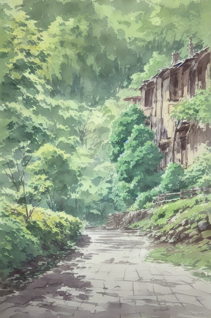 Watercolor painting, small path of Chinese rural houses, trees, bright sun, shade,