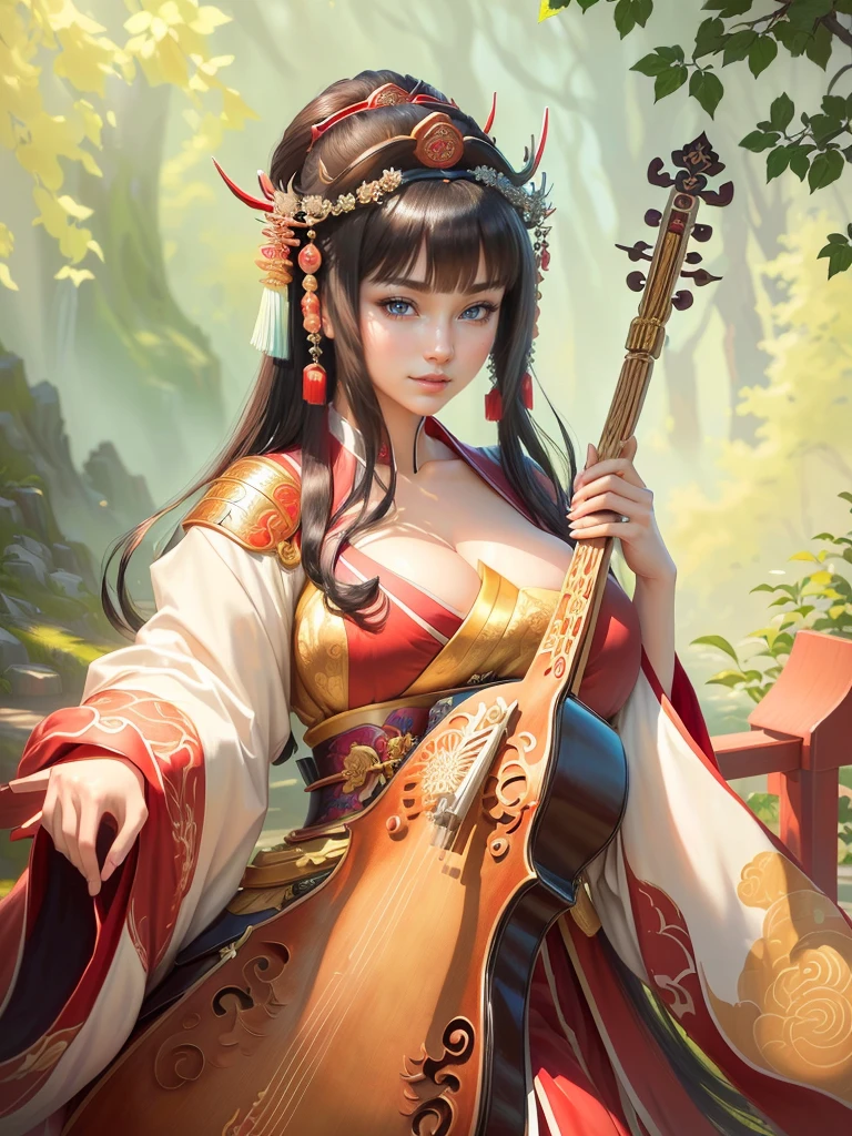 a woman in a kimono outfit playing a cello, a beautiful fantasy empress, japanese goddess, ancient chinese goddess, ancient chinese princess, inspired by Lan Ying, ((a beautiful fantasy empress)), beautiful character painting, inspired by Du Qiong, inspired by Qiu Ying, inspired by Ju Lian, onmyoji portrait, she is holding a long staff, , Highly detailed CG unit 8k wallpaper, masterpiece, High resolution, highest quality, highest quality real texture skin, Super Real, Digital Painting, Best image quality, 最High resolution, 8k, (((Highly detailed eyes and face, Beautiful eyes every detail))), disproportionate breasts, huge breasts, sagging breasts, gigantic breasts, clevage, black hair, grin,