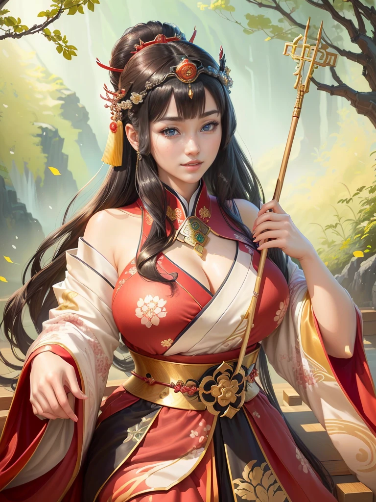 a woman in a kimono outfit playing a cello, a beautiful fantasy empress, japanese goddess, ancient chinese goddess, ancient chinese princess, inspired by Lan Ying, ((a beautiful fantasy empress)), beautiful character painting, inspired by Du Qiong, inspired by Qiu Ying, inspired by Ju Lian, onmyoji portrait, she is holding a long staff, , Highly detailed CG unit 8k wallpaper, masterpiece, High resolution, highest quality, highest quality real texture skin, Super Real, Digital Painting, Best image quality, 最High resolution, 8k, (((Highly detailed eyes and face, Beautiful eyes every detail))), disproportionate breasts, huge breasts, sagging breasts, gigantic breasts, clevage, black hair, grin,