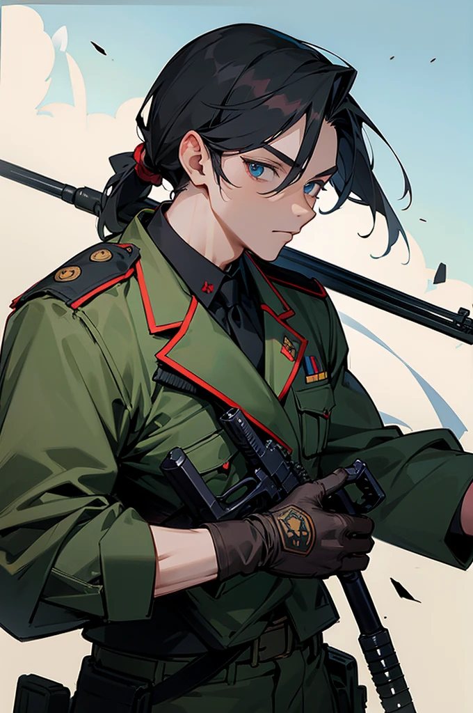 1male, folded_ponytail, gloves, gun, military, military_uniform, rifle, sky, solo, upper_body, weapon looking at viewer, masterpiece, best quality,muscular
