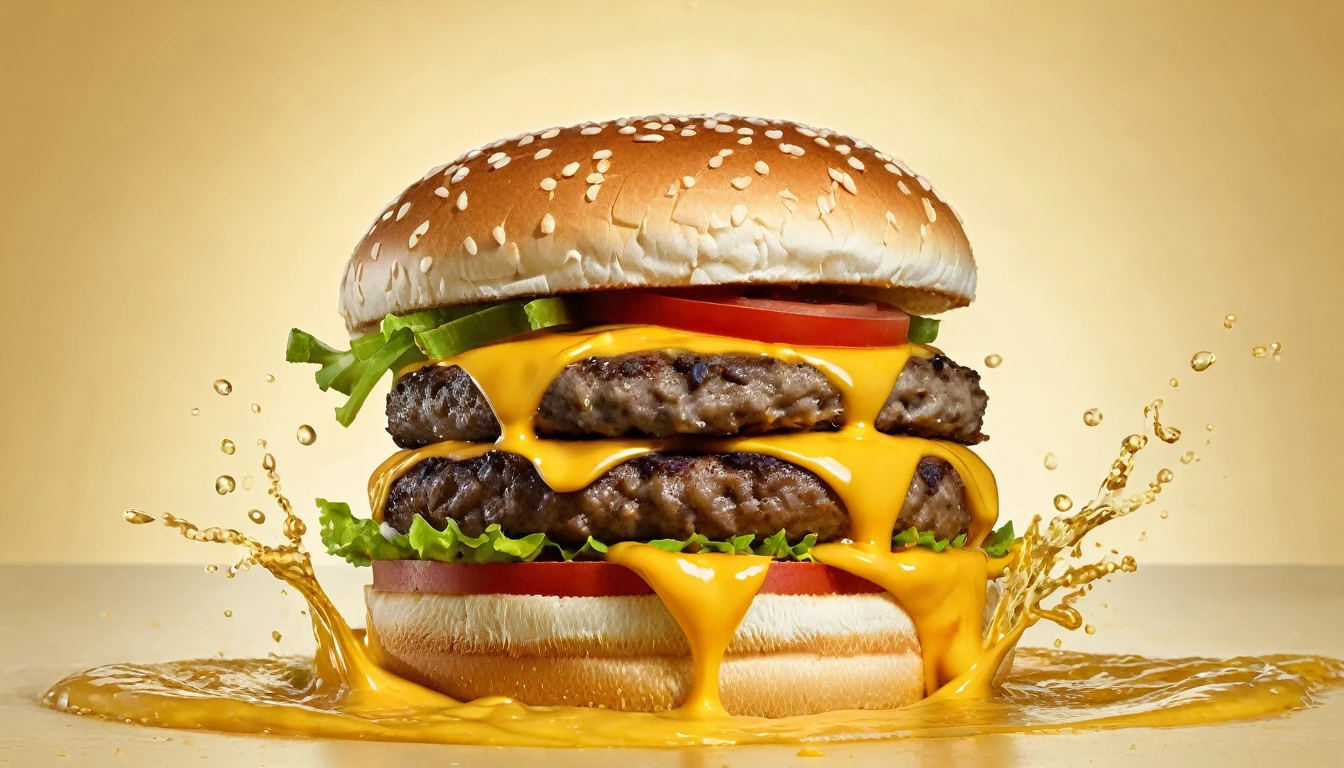 a picture of a cheeseburger, cheese splashing in the elegant cream color background like in a commercial, everything in focus