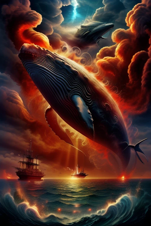 Moby Dick Whale, Sperm Whale,Monster Whale, Pontus
masterpiece,Highest quality,8k,High resolution,
Fantastic,scary,horrific,
Please draw a whale on fire. Black whale skin with red fire oozing out. whale flying in the sky, they are attacking Chinese whaling ships. clear sky, whale teeth, ships on fire. Smokey red sky. Monster whale.