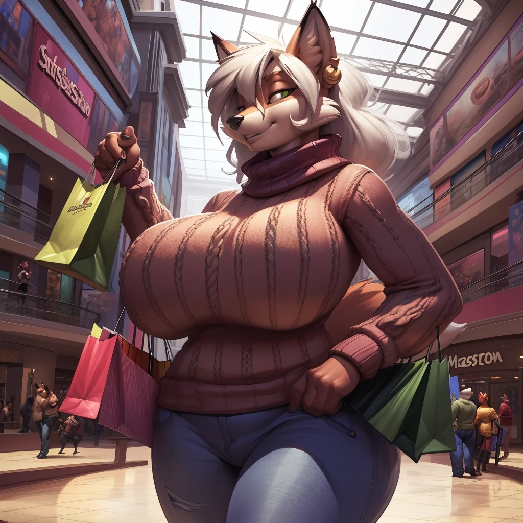 high resolution, (masterpiece: 1.4), (48 years old fox woman),high detail eyes,(sweater and jeans:1.2),(shopping mall:1.2),detailed backround, (large breasts:1.2), by darkgem, by kevinsano, by bigdad,
