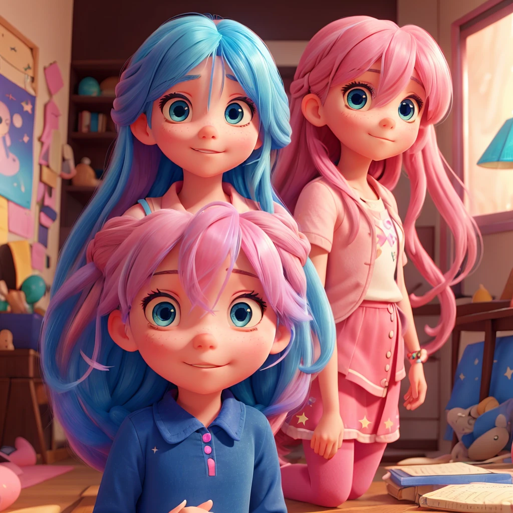 a girl with long blue and pink hair , and blue eyes with stars as pupils, a reference to oshinoko&#39;s eyes. ,accompanied by a purple fox 