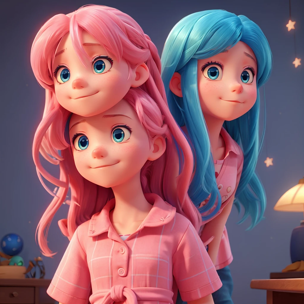 a girl with long blue and pink hair , and blue eyes with stars as pupils, a reference to oshinoko's eyes. ,accompanied by a purple fox