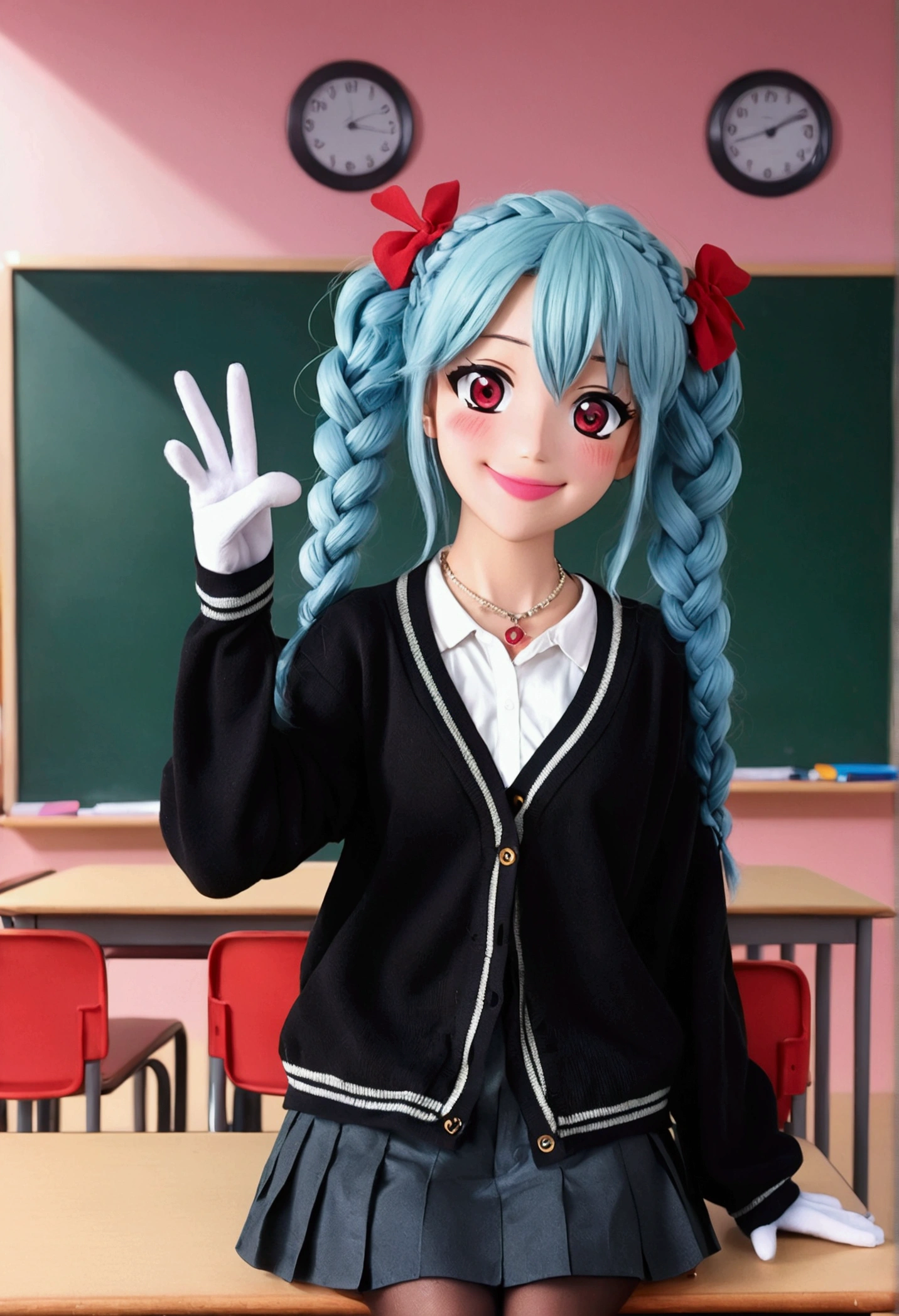 (((anime))), ((anime)), (Gal), Medium Hair, (Braid:1.3), (Blunt bangs:1.2),Two-tone hair,Light blue hair,, Round face, Red eyes, (Droopy eyes), (((puppet))),Pink Lip,Earrings,necklace,[Dark Skin], A light smile, ((((cute)))), beautiful, 1 girl, alone, (cardigan:1.4), [Cleavage cutout],peace sign,beautiful background,(classroom:1.5),evening,sunlight,Backlight,masterpiece,Highest quality,Exquisite,8k,Absurd,Ultra-fine illustrations,(View your viewers)