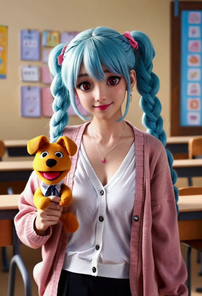 (((anime))), ((anime)), (Gal), Medium Hair, (Braid:1.3), (Blunt bangs:1.2),Two-tone hair,Light blue hair,, Round face, Red eyes, (Droopy eyes), (((puppet))),Pink Lip,Earrings,necklace,[Dark Skin], A light smile, ((((cute)))), beautiful, 1 girl, alone, (cardigan:1.4), [Cleavage cutout],peace sign,beautiful background,(classroom:1.5),evening,sunlight,Backlight,masterpiece,Highest quality,Exquisite,8k,Absurd,Ultra-fine illustrations,(View your viewers)