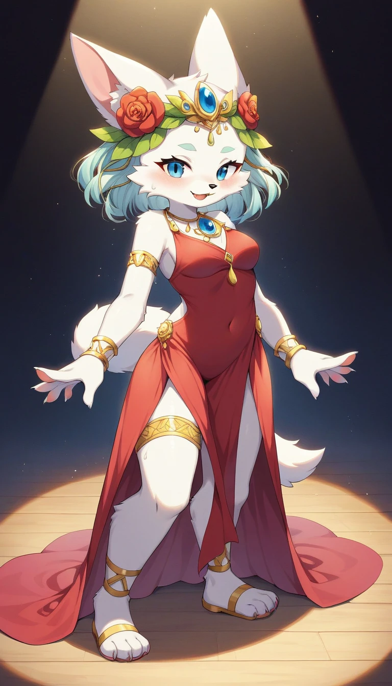 ((Masterpiece)), ((Best Quality)), (Very Detailed), ((Very Detailed)), 4K, (8K), very aesthetic, absurdres highres, 1 girl, (anthropomorphic cat, furry, kemono:1.5), Flamenco dancers in red dresses dance passionately on stage. Sweat glistens on her body, and her movements are both supple and powerful. A spotlight shines on the dark background, bringing out the silhouettes of the audience. Warm colors and dramatic shadows emphasize the dancers' passion and tension. The movement of the dress adds dynamism and sharp concentration can be seen in the dancers' eye,