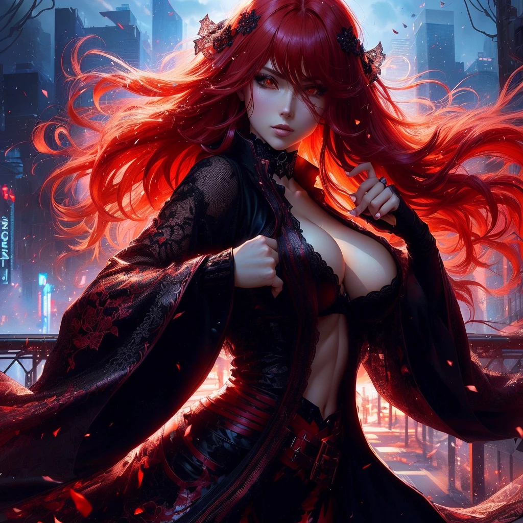 a woman with red hair and a black outfit is standing in front of a city, badass anime 8 k, anime style 4 k, seductive dark fantasy, anime rt, anime fantasy artwork, 4k fantasy art, dark fantasy art, digital anime art, alena aenami and artgerm, 2. 5 d cgi anime fantasy artwork, large breasts, black lace bra, abs