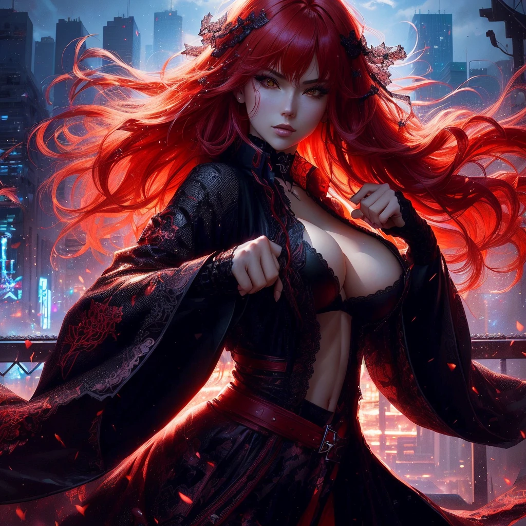 a woman with red hair and a black outfit is standing in front of a city, badass anime 8 k, anime style 4 k, seductive dark fantasy, anime rt, anime fantasy artwork, 4k fantasy art, dark fantasy art, digital anime art, alena aenami and artgerm, 2. 5 d cgi anime fantasy artwork, large breasts, black lace bra, abs