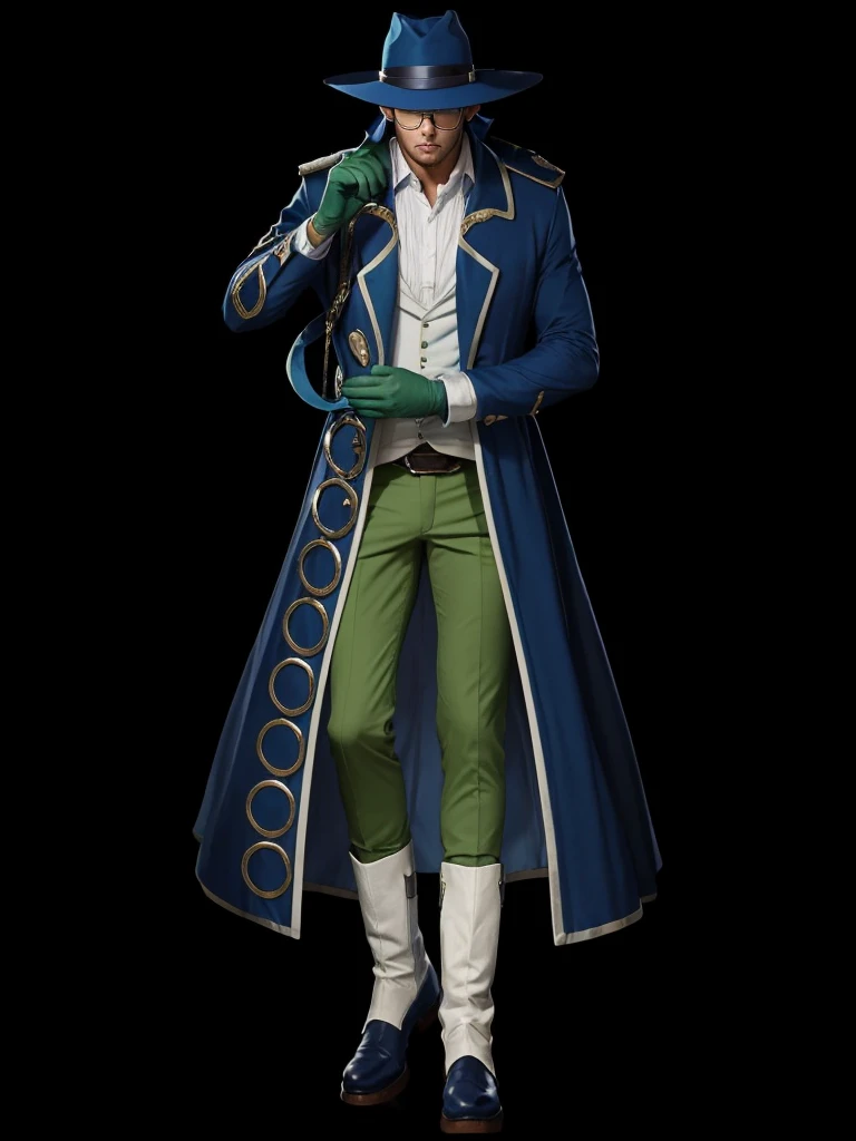 A man with a blue hat, with a blue cape, with green pants, white  shirt, White Boots, is wearing glasses 